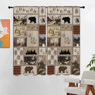 Imagem de Kikiry Cortina rústica 132 cm L x 160 cm C largura casa de fazenda campo cabana primitiva floresta urso vida selvagem veado retrô estilo antigo ocidental bolso para varão sala de estar quarto cortinas
