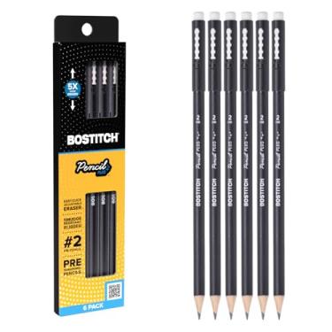 Imagem de Bostitch, Lápis com caixa de madeira Plus, borracha retrátil, madeira de cedro americano, nº 2 HB, redondo, preto fosco, pré-afiado, pacote com seis