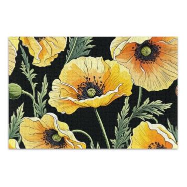 Imagem de Quebra-cabeça 500 peças presentes de jogo de família amigos adultos amarelo flor de papoula preto divertido Prime quebra-cabeça animal arte floral, 50 x 37 centímetros