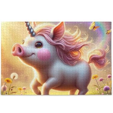 Imagem de Quebra-cabeça personalizado de porco unicórnio fofo 1000 peças adultos impressão animal arte decoração divertida família quebra-cabeça elefante branco presentes engraçados, 75 cm x 50 cm