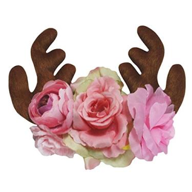 Imagem de Petitebella Tiara de rena com chifres de rosas para crianças (marrom, tamanho único)