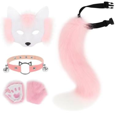 Imagem de HAOAN Conjunto de meias máscaras de pele sintética, luvas de pata, cauda de raposa de lobo e colar de couro, fantasia para festa de cosplay de Halloween, Rosa e branco, tamanho �nico
