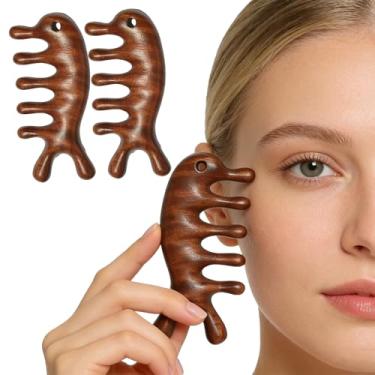 Imagem de Pente massageador de couro cabeludo de madeira, pacote com 2, pente de massagem de sândalo golfinho natural feminino meridiano couro cabeludo massageador ponto de acupressão escova Gua Sha para cabeça