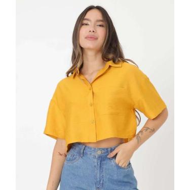 Imagem de Camisa Feminina Cropped Textura Manga Curta Marisa-15707, Amarelo, M