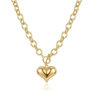 Imagem de RINHOO FRIENDSHIP Colar feminino de coração grosso banhado a ouro 18 K com fecho articulado, pingente de coração inchado, joias modernas, presentes de aniversário Y2K, Medium, Cobre, Sem Pedra