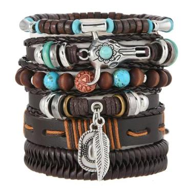 Imagem de Dreuyet Pulseiras ocidentais para mulheres e homens, vintage, boêmia, empilhável, turquesa, miçangas, pulseira elástica rústica com pingente de cabeça de vaca, joia de caubói country, Adjustable