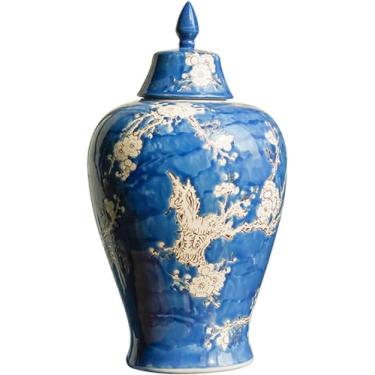 Imagem de Vaso de cerâmica azul europeu com tampa, potes de porcelana decoive com tinta à mão, jarra de templo com tampas, vasos de flores para decoração de sala de estar e quarto, prateleira de livros-pequena