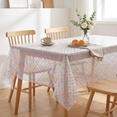 Imagem de Horaldaily Toalha de mesa branca colorida de gaze de sereia retangular 152 x 300 cm, capa de mesa de malha fina com glitter metálico colorido, gaze de tule de chiffon transparente para festa de