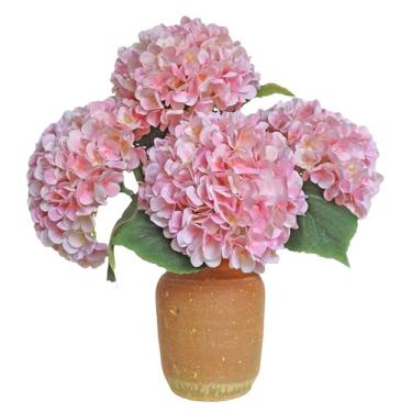 Imagem de NMAIYA Flores artificiais de hortênsia rosa, 4 peças, flores de hortênsias de seda realista, haste longa, 66 cm, flores artificiais para ambientes externos, buquê, centros de mesa para festas