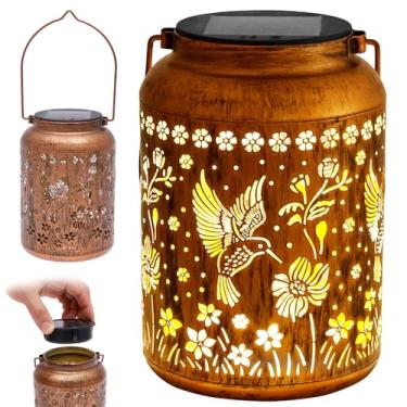 Imagem de Presentes de aniversário para mulheres, mãe, avó, beija-flor, luz solar Ip65, à prova d'água, energia solar, metal oco para quintal, pátio, gramado, caminho, paisagem (padrão beija-flor, 12 x 12 x