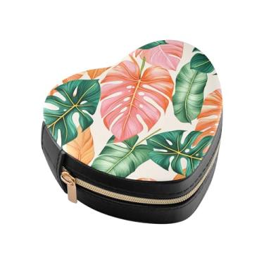 Imagem de Burbuja Caixa de joias em forma de coração com folhas de selva tropical, mini estojo de viagem para mulheres e meninas, organizador portátil de armazenamento para brincos, anéis, colares e pulseiras
