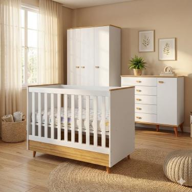 Imagem de Conjunto Quarto Infantil Ternura Bartira + Herval – Cômoda 5 Gavetas Berço 2 em 1 Guarda-Roupa 2 Portas Colchão Espuma D18