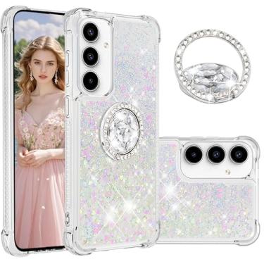 Imagem de Ephoou Capa líquida para Samsung Galaxy A37 para mulheres e meninas, glitter fofo líquido brilhante coração flutuante TPU macio à prova de choque capa com anel de diamante suporte para Galaxy A37/A56