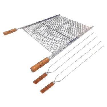 Imagem de Kit Grelha 60x72 com 2 Espetos Duplo Aço Inox Churrasco - LAURINDOS CH