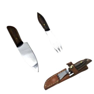 Imagem de KIT TALHERES GARFO E FACA com bainha de couro camping churrasco. - NET