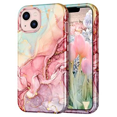 Imagem de CASEFIV Capa compatível com iPhone 13, estampa de mármore 3 em 1, resistente à prova de choque, corpo inteiro, policarbonato rígido e resistente + silicone macio protetor contra quedas para meninas e mulheres para iPhone 13 de 6,1 polegadas 2021, ouro rosa