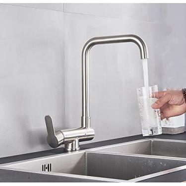 Imagem de Torneira de cozinha em ouro escovado/preto deck de pias de cozinha alto arco 360 graus giratório misturador de água fria quente torneira, níquel escovado, china