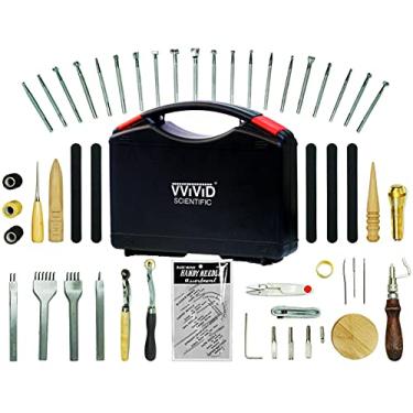Imagem de VViViD Kit de ferramentas de trabalho e suprimentos de couro de 59 peças com caixa de ferramentas, perfurador de ponta, chanfrado de borda, fios de cera, agulhas, costura, perfuração, fabricação de couro