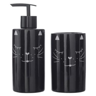 Imagem de Kit Banheiro Lavabo Jogo Sabonete Líquido Porta Escova 2 Peças/Gatinho (Preto)