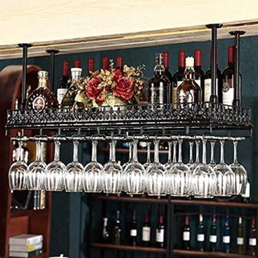 Imagem de Rack de vinho Bar Rack de vinho Suporte de garrafa de vinho montado na parede no teto, suporte de vinho tinto de arte em ferro preto suspenso Suporte de taças industriais de altura ajustável grande,