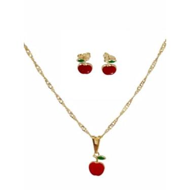 Imagem de Conjunto Infantil Colar e Brinco Maçã Folheado Ouro 18k Antialérgico
