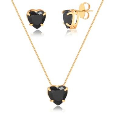 Imagem de Conjunto Kit Colar Brinco Coração de Cristal 10mm Preto banhado a Ouro 18k