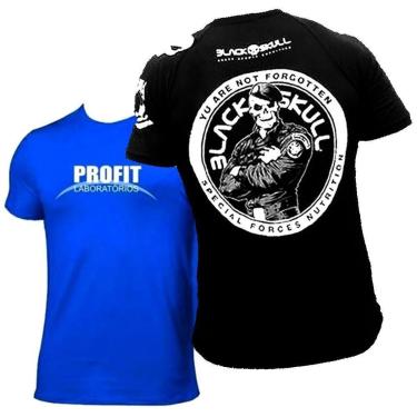 Imagem de Kit 2x Camiseta Esportiva  Azul Profit + Camisa Preta Black Skull-Unissex