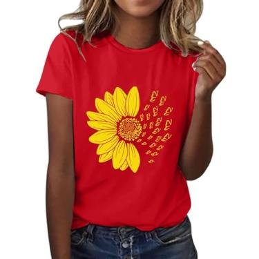 Imagem de Duobla Camiseta feminina de girassol, estampa de flores de verão, casual, solta, manga curta, gola redonda, camisetas fofas 2024 fashion, A-3 - vermelho, M