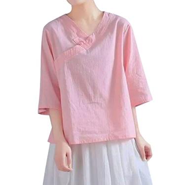 Imagem de Camisetas femininas básicas de manga 3/4, gola V, caimento solto, leve, casual, roupas de verão 2024, Rosa, 3G