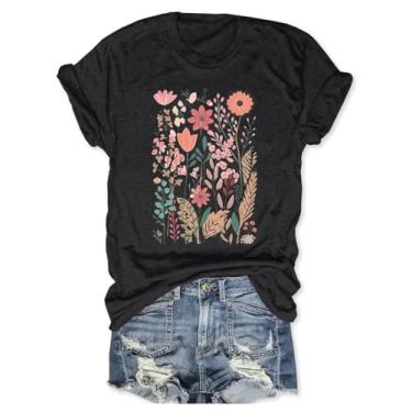 Imagem de Camiseta feminina com estampa de flores boêmias, vintage, estampa de flores silvestres, casual, botânica, manga curta, Preto - 14, XXG