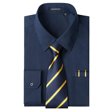 Imagem de Camisa social masculina lisa de manga comprida com conjunto de gravata e lenço combinando, camisas formais de negócios, 03 - Azul-marinho, 4X-Large