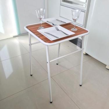 Imagem de Mesa Branca Pequena P/ Cozinha De Apartamento Tampo Madeira - MetalCro