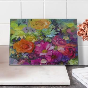 Imagem de Ambesonne Tábua de corte floral, buquê de flores vibrantes com pétalas de margarida peônia gerbera, estampa de arranjo romântico, corte decorativo de vidro temperado e tábua de servir, tamanho