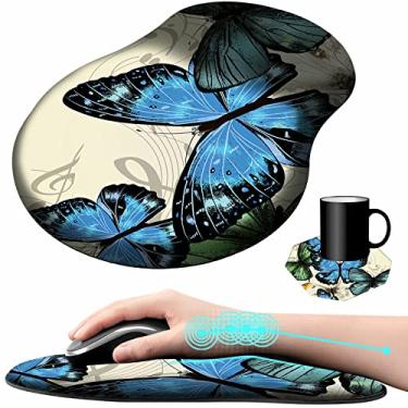 Imagem de Mouse pad com suporte de pulso gel azul borboleta design ergonômico gaming mousepad com descanso de pulso para laptop, computador, casa, escritório, trabalho + uma linda almofada de café