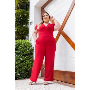 Imagem de Macacão Plus Size Decote em V com Manga e Bolso - luh may, Vermelho, M