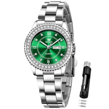 Imagem de OLEVS Relógio feminino analógico de quartzo com vestido de diamante, aço inoxidável, dois tons, à prova d'água, luminoso, data, para presente, Relógio verde prateado 9993, relógio feminino