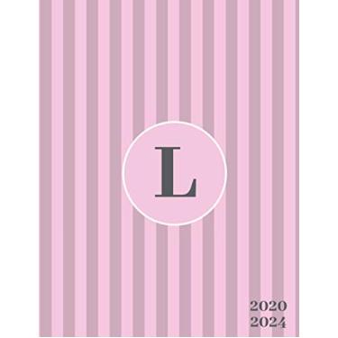 Imagem de 2020-2024: Initial Monogram Letter L Five Year Monthly Planner Organizer with 60 Months Spread View. Classic 5 Year Calendar, Agenda, Journal and Notebook - Pink & Gray Stripe