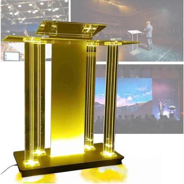 Imagem de Suporte de pódio transparente para púlpito de igreja, pódio de acrílico, púlpito de acrílico LED com luzes, púlpito de chão com rodízios, púlpito rolante, estação de leitura elevada