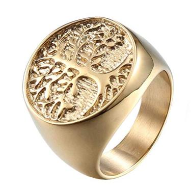 Imagem de IFUAQZ Anel masculino de aço inoxidável vintage banhado a ouro árvore da vida anel sinete motociclista top redondo, Aço inoxidável, banhado a ouro, metal, Sem pedra preciosa