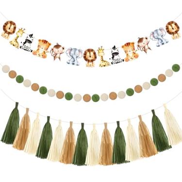Imagem de Hahafelt 3 Pcs Jungle Safari Animal Banners Wild Animal Birthday Party Decorations Woodland Wildlife Theme Banner Felt Ball Tassel Garland for Zoo Safari Birthday Decor Baby Shower Supplies