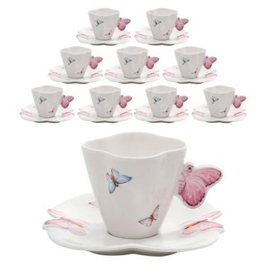 Imagem de Jogo 10 Xícaras de Café em Porcelana com Pires Borboletas 100ml Wolff
