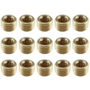 Imagem de RLECS Conjunto de encaixe de tubulação macho NPT de 15 peças de latão 1/8 pol. Peças pneumáticas de plugue rosqueado hexagonal adequadas para bloquear porta de água do coletor de admissão e porta da