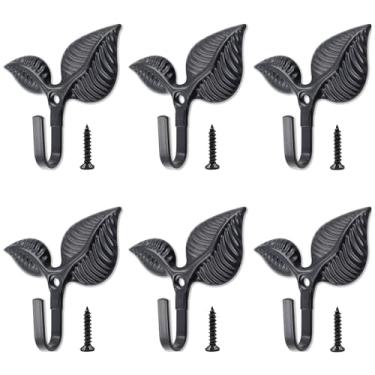 Imagem de ORNAROVI 6 peças de ganchos de parede decorativos de folha de ferro, gancho decorativo vintage para casacos, ganchos de parede em forma de folha de estilo retrô para bolsas de chapéus (preto)