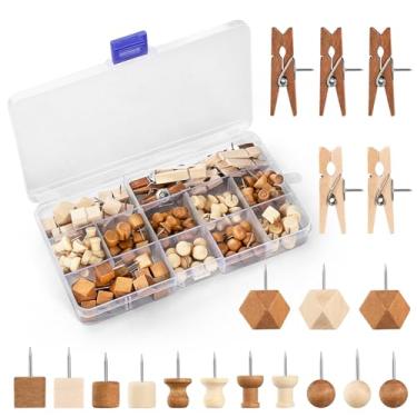 Imagem de 114 peças de pinos decorativos em 7 tipos e 2 cores pinos de madeira fofos grampos de polegar para quadro de cortiça, quadro de avisos de parede, artesanato para escritório, sala de aula, casa de