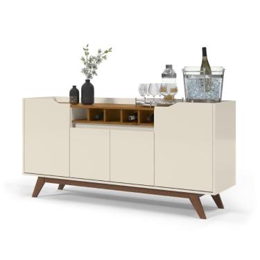 Imagem de Buffet Aparador 4 Portas Com Adega Pés Em Madeira Maciça Luxo 152cm Off White E Freijó