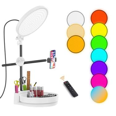 Imagem de Kit de luz de selfie para mesa e laptop, anel de luz regulável de 55 W, com caixa de armazenamento giratória, suporte de caneta, suporte de telefone e controlador (branco-RGB, 10,5)