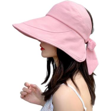 Imagem de Chapéu De Sol Feminino Chapéu De Sol Verão Senhoras Rabo De Cavalo Chapéu De Sol Aba Larga Anti-uv Bow Beach Chapéu Chapéu De Sol Feminino Dobrável, pink, 6 7/8-7 1/8