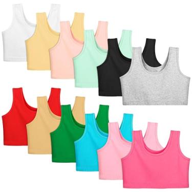 Imagem de Poroka Pacote com 12 sutiãs cropped de algodão para meninas, sutiã de treinamento para meninas, Cores sólidas com acabamento amplo, XG