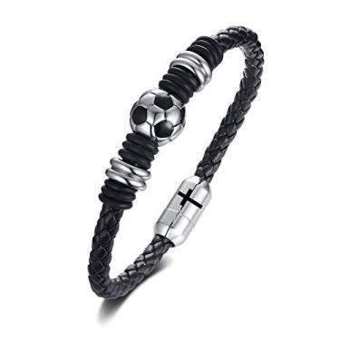 Imagem de Pulseira de futebol para meninos e homens, pulseira trançada de couro de futebol presente para filho com pingente de bola de futebol de aço inoxidável sólido, nome inicial personalizado no fecho