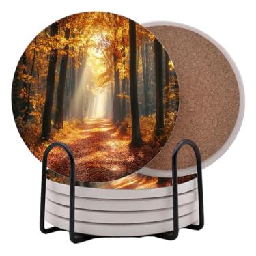 Imagem de Conjunto de 6 porta-copos redondos de folhas de outono - porta-copos de cerâmica Abosrbent com suporte de metal para bebidas, café, fundo de cortiça antiderrapante para proteção de mesa, 10 cm